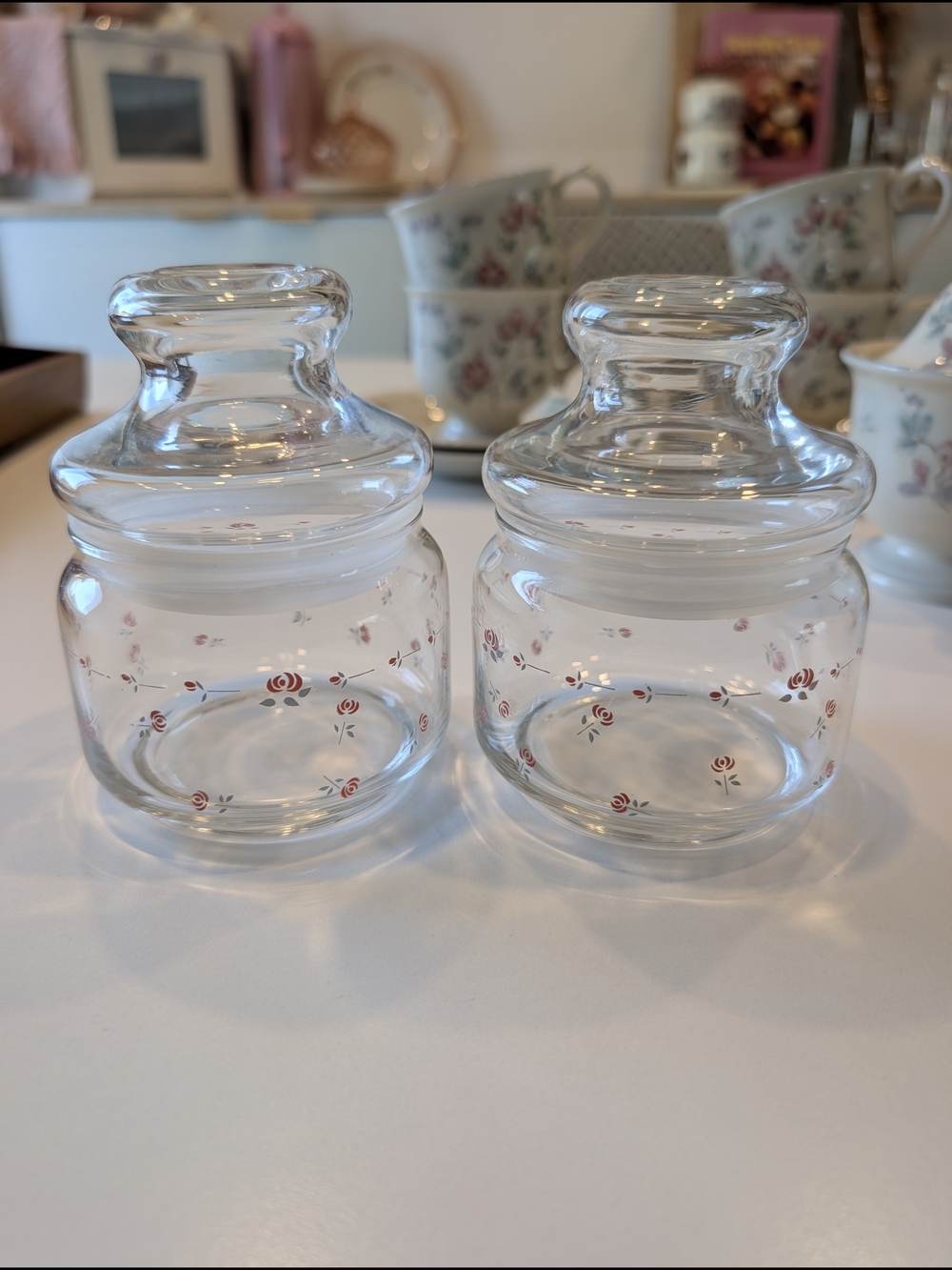 Vintage Clear Glass Canister Pair with Tiny Rose Motif - Clear & Red